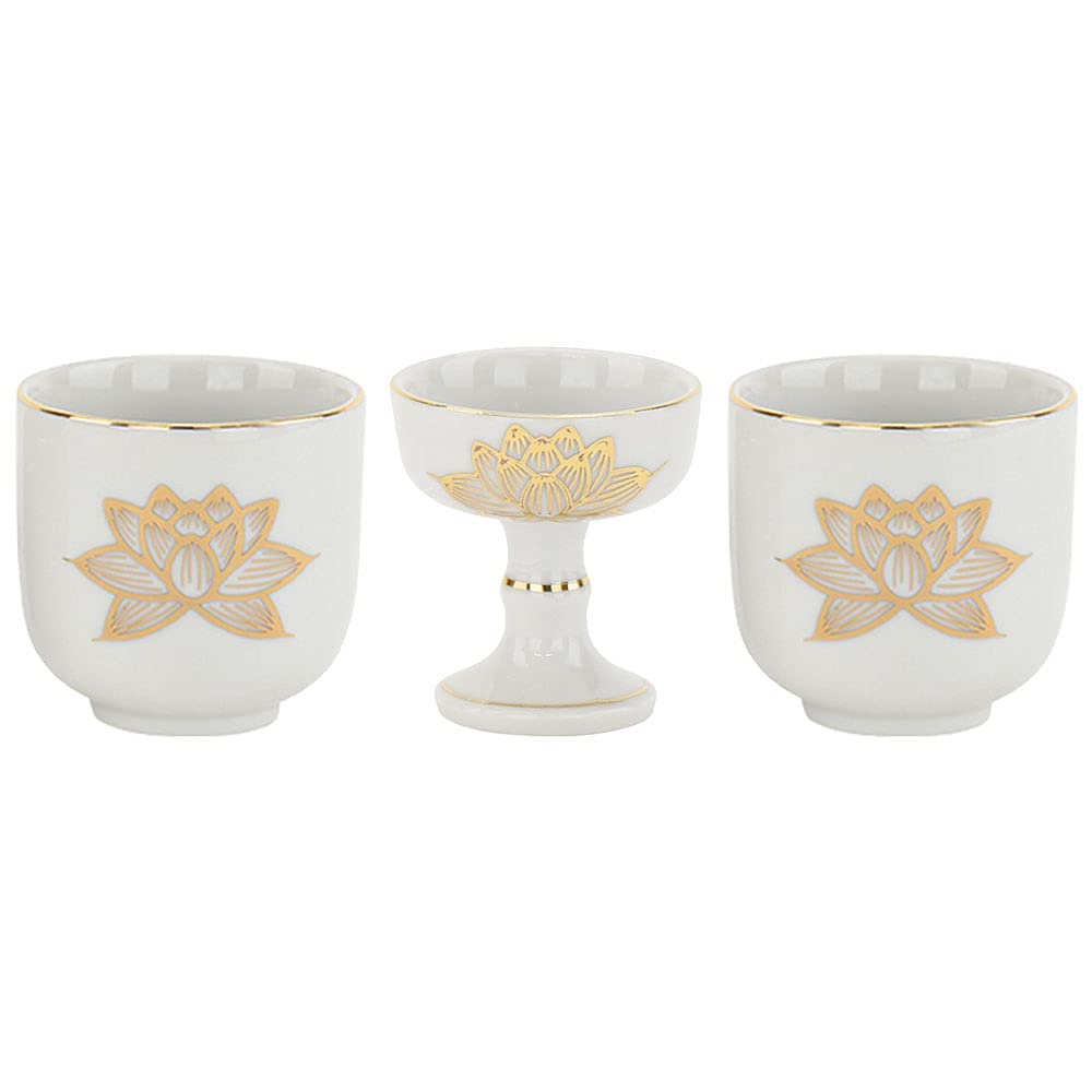 お仏壇のはせがわ 仏飯器 湯呑 仏具セット 3個セット (白金蓮/中) 日本製 仏飯 仏器 湯呑み (白/金蓮柄) 仏壇 仏具 仏壇用品