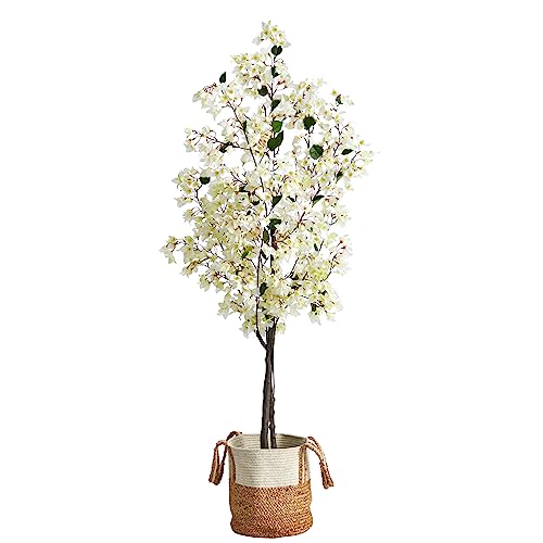 Nearly Natural 6ft. Artificial Bougainvillea Tree with Handmade Jute & Cotton Basket
