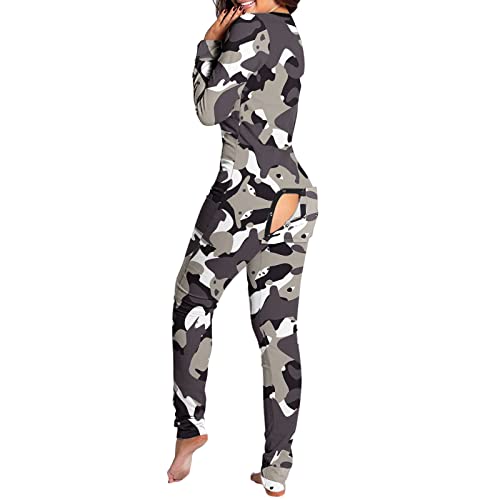 Damen Schlafanzug Onesie Jumpsuit mit Po-Klappe Langarm Bodycon Bodysuit Strampler Overall Nachtwäsche Jumpsuit Einteiler Body Langarm Overall...
