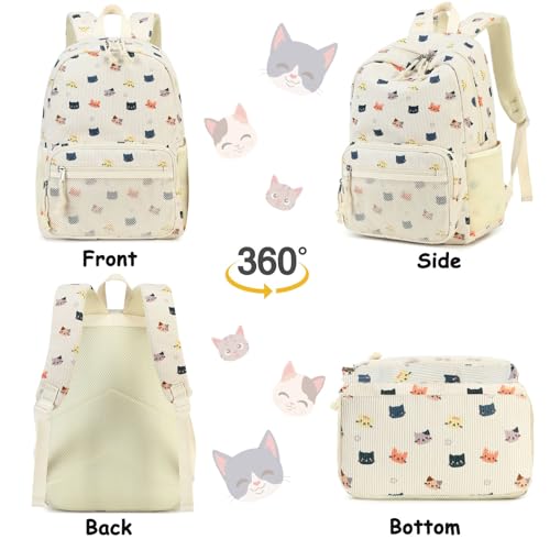 JIANYA Kids Backpack for Girls, Lightweight Girls Backpack with Lunch Box, Elementary School Bag Set, Cute Cat Beige3