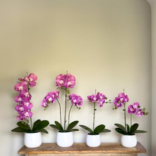 Orchidée artificielle violette double tige pot céramique blanche - 8