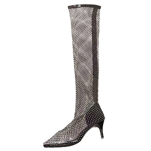Bottes au genou strass chaussures talons hauts minces bout pointu femme