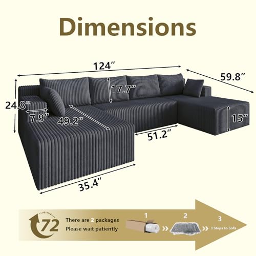 Image of 124 inch Modular Sectional Sleeper Sofa, Boneless Cloud Couch for Living Room, U Shaped 3 Seat Sofa with Deep Seat, Free Combination, Couch in a Box, No Assembly Required (Dark Grey)