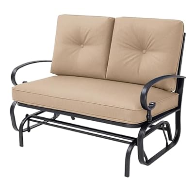 Incbruce Outdoor Glider Rocking Chair Patio Glider Bench for 2 Person, Porch Loveseat Seating Patio Steel Frame Chair Set with Cushion for Porch, Patio, Garden (Brown)
