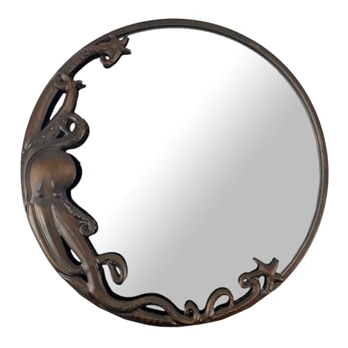 Zeckos Bronze Octopus Wall-Mounted Mirror – 20-Inch Diameter Decorative Accent for Nautical and Coastal Home Decor, Unique Focal Point for Living Room or Bathroom.