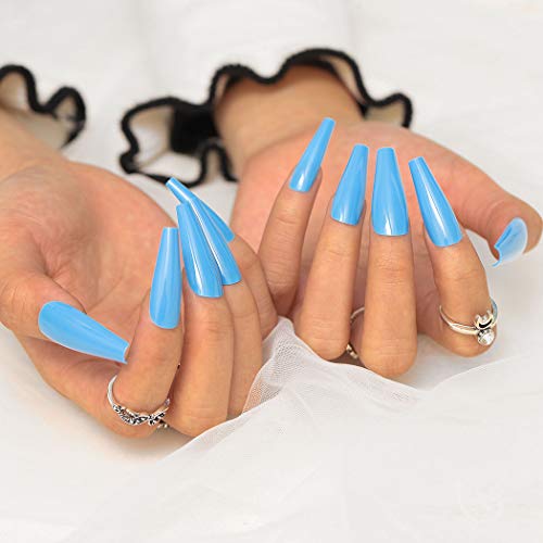 Sethexy Long Ballerina False Nail Glossy Coffin Fake Nails Press on 24Pcs Acrylic Art Nail Tips For Women and Girls (Dodger Blue)