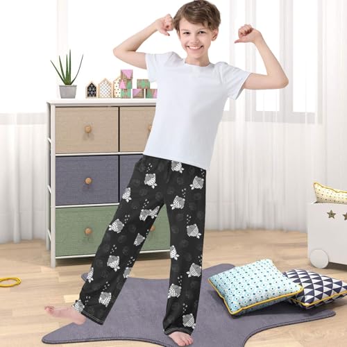 Boy's Pj Pants Sleep White Fish Pout Black Lounge Bottoms Elastic Waist Kids Joggers with Pockets Size 6-144