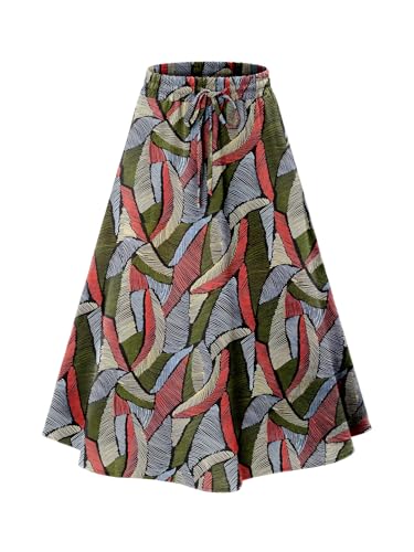 Angerella Women\'s Boho Elastic High Waist A Line Skirt Below Knee Swing Beach Midi Skirt with Pockets(Feather Printed,M) - Thumbnail 4