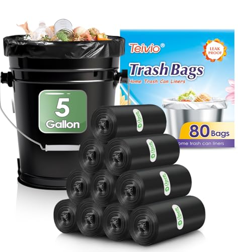 Teivio 5 Gallon 80 Counts Strong Trash Bags Garbage Bags Bathroom Trash Can Bin Liners Plastic Bags for home office kitchen Black