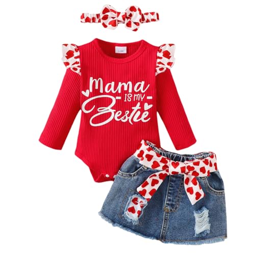 LUVCES Conjunto Ropa para Bebé Niña de Otoño Manga Larga Estampado de Letras Mameluco+ Falda Vaquera con Corazón Rota Ropas de Invierno Trajes Mangas largas rojas MaMa 12 18 Meses
