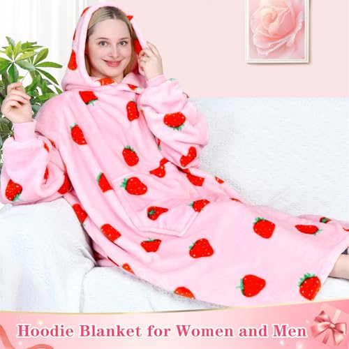 Image of Waitu Wearable Blanket Sweatshirt Gifts for Women and Men, Warm and Cozy Giant Blanket Hoodie, Thick Flannel Blanket with Sleeves and Giant Pocket - Strawberry Pink