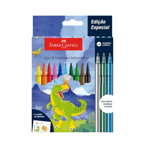 Canetinha Hidrográfica Dinossauro, Faber-Castell, 555409, 10 cores básicas + 3 cores metalizadas