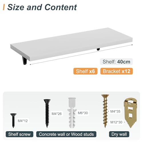 Image of SKYSEN Floating Shelves for Wall Set of 6, 15.7in Wood Wall Shelf for Decor, Bathroom, Bedroom, Storage, Book,Kitchen, Living Room - White(fs-40-w)