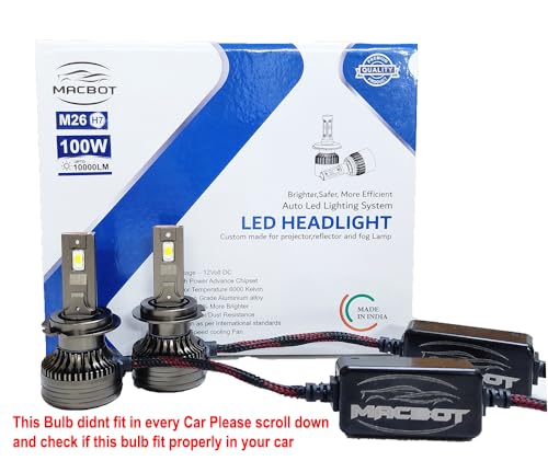 Image of MACBOT H7 Type LED Headlight Bulb 100 Watt M26-H7, with 2-Year Replacement Warranty - Made in India for Cars (50 Watt Each Bulb) Super Bright White Light, Easy Installation, Long-lasting Performance