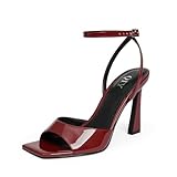 QIY Burgundy Heels for Women Strappy Heel Wine Red Stiletto High Heels Square Open Toe 3 Inch Faux Leather Summer Dress Shoes Burgundy Sandals Size 6
