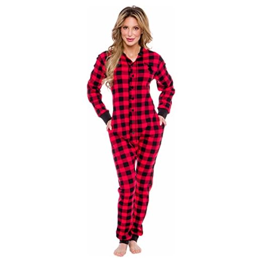 Silver Lilly Oh Deer Buffalo Flannel One Piece Pajamas - Women's Union Suit Pajamas with Drop Seat Butt Flap (Red/Black Plaid, X-Large)