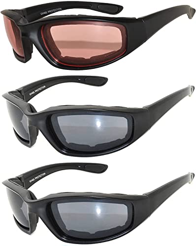 Image of OWL 3 Pack Motorcycle Riding Glasses, Padded Sport Sunglasses, Assorted Colors for Men and Women
