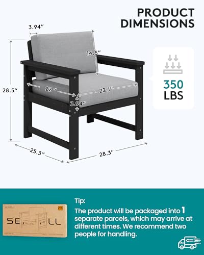Image of SERWALL 2 Pieces HDPE Cushioned Single Adirondack Armchair Sofa Set | All Weather Black Outdoor Sofa Lounge Armchair with Grey Cushion