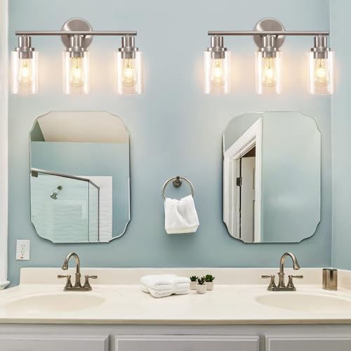 Image of DLLT 3-Light Bathroom Light Fixtures: Nickel Modern Vanity Lights with E26 Bulbs - Clear Glass Shade Bathroom Wall Lamp for Mirror Kitchen Living Room Hallway Cabinet Porch