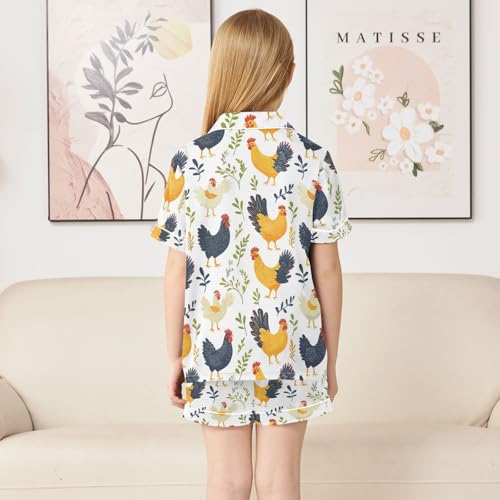 Satin Pajama Sets Short Sleeve Chicken Pattern with Plants Button Down Silky Nightwear 2 Piece PJS 5-14Y4