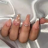 French Tip Press on Nails Long Coffin White Heart Fake Nails Glossy Pink Full Cover False Nails with Rhinestones Designs Glue on Nails Valentine Romantic Manicure for Women Girls 24 Pcs