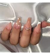 French Tip Press on Nails Long Coffin White Heart Fake Nails Glossy Pink Full Cover False Nails w...