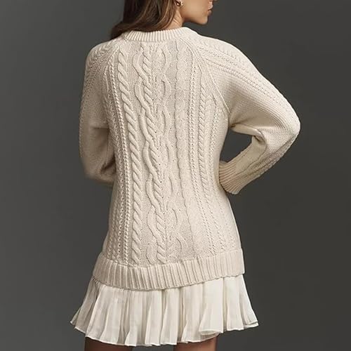 Women Crewneck Cable Knit Sweater Mini Dress, Twofer Dress for Women, Crewneck Long Sleeve Pleated Mini Dress3
