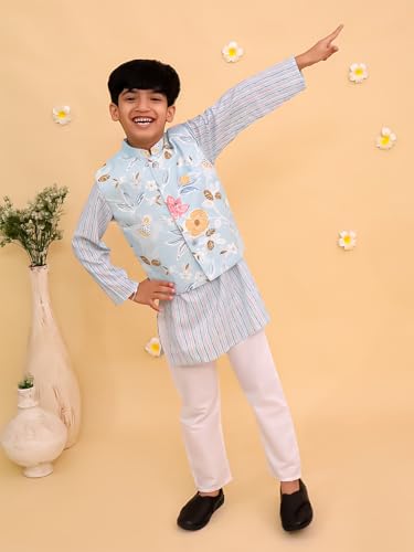 Image of The Mom Store Boys Printed Cotton Kurta Pajama Set With Jacket | Soft And Comfortable Ethnic Wear For Baby /Kids Boys | Full Sleeves Kurta Pyjama Set | Traditional Indian Outfit