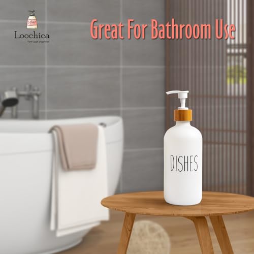 Image of LOOCHICA Dish White Glass Soap Dispenser with Plastic Pump, 16 Oz White Dish Soap Dispenser Set Refillable Reusable Apothecary Soap Pump Dispenser Bottles for Bathroom and Kitchen