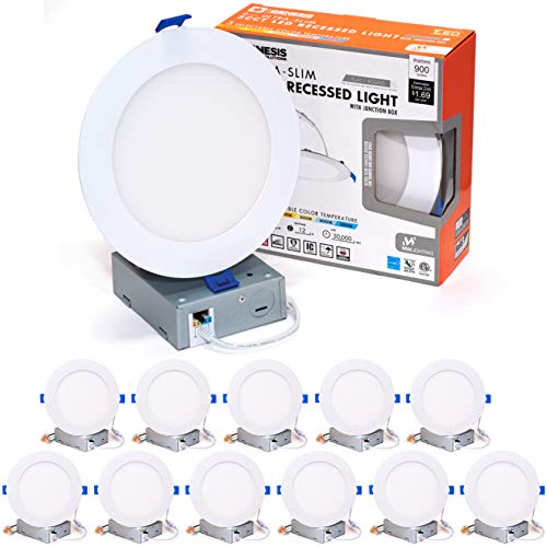 MW 6 Inch Canless 5 Selectable Color Temperature Ultra-Slim Round LED Downlight with Smooth Flat Trim, Junction Box Included, 2700/3000/3500/4000/5000K, Dimmable, 900LM, Energy Star (12 Pack)