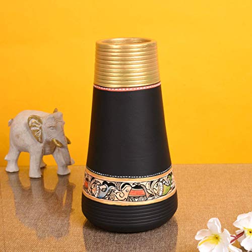 Image of Aakriti Art Creations Vase Earthen Black Madhubani Set of 3 | Handmade Terracotta Flower Vases | Matte Finish Madhubani Art Decorative Vases for Living Room, Table Decor & Gifting