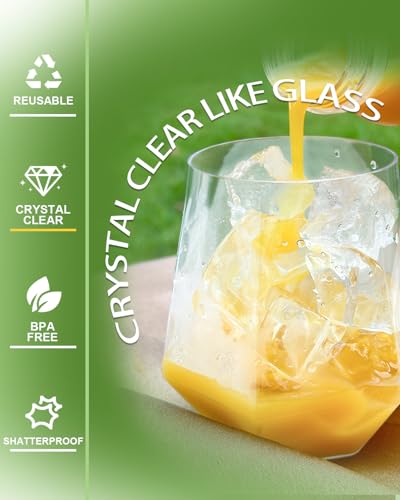 Image of Maaacute 40 Pack Plastic Stemless Wine cocktail Whiskey Champagne Glasses, 12 Oz Disposable Clear Unbreakable Cups for Party Bars Wedding Tasting (Diamond-shaped)