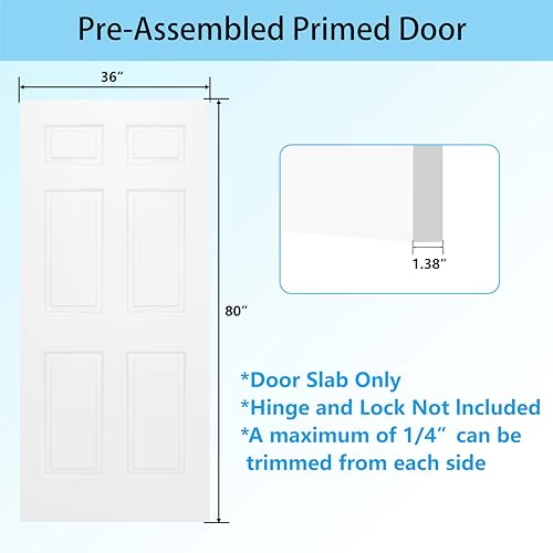 Image of JUBEST 36 inchx80 inch Raised 6-Panel Textured White Primed Hollow Core Interior Molded Door Slab, NOT Pre-drilled and NOT Included Hardware, Paintable Interior Door for Pantry, Laundry, Office