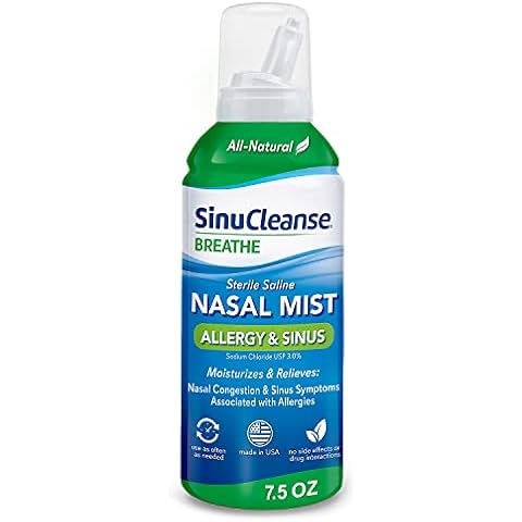 SinuCleanse Allergy & Sinus Sterile Saline Nasal Spray, Ultra Fine Mist, Instantly Moisturizes & Relieves Severe Nasal Congestion Due to Allergies, 7.5 Oz, Made in USA Cover