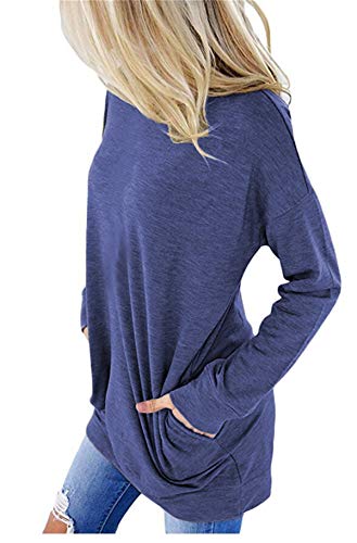 onlypuff Womans Shirts with Pockets Navy Blue Solid Tunic Tops Casual Round Neck M