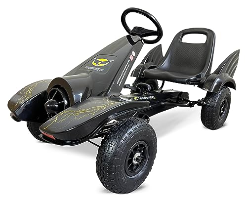 PEKECARS Kart a Pedales Negro con Asiento Ajustable, Ruedas neumáticas y Freno de Mano, alas de murciélago