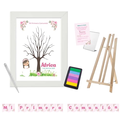 Disatrezzo - Árbol De Huellas Personalizado Para Comunión Niña Kit Completo Con Marco, Tintas, Bolígrafo, Instrucciones, Caballete Y Banderín Mi Primera Comunión. Libro De Firmas Y Dedicatorias.