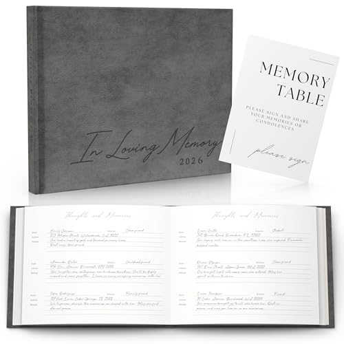 Funeral Guest Book for 2026 Celebration Of Life Memorial Service - Leather Memory Book for Funeral Guests to Sign In with Condolence Memory Table Sign & Back Pocket - Gray Guestbook