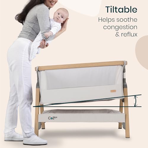 Tutti Bambini CoZee® 2-in-1 Baby Bassinet & Bedside Sleeper - Fast-Folding Bedside Bassinet, Baby Crib with 6 Mattress Heights & Breathable Mesh Window, Mattress Included, 0-6 Months (Silver & Oak) — view 6