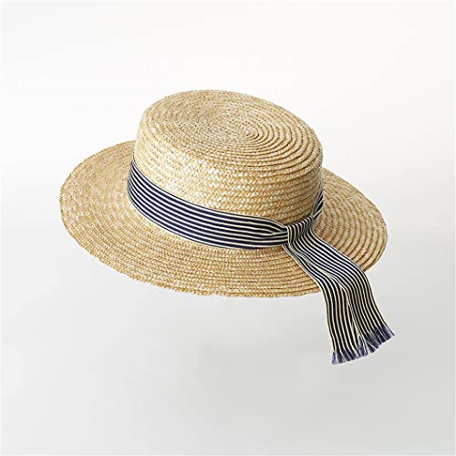 Women Wide Brim Boater Hats Stripped Ribbon Band Straw Hats Summer Beach Hat Church Fedoras