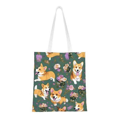 Corgi Floral Flowers Print Polyester Canvas Tote Bag, Shopping Bag With Reinforced Handles, Reusable