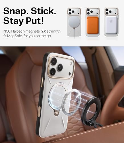 Image of TORRAS Q3 VegSkin for iPhone 17 Pro Max Case Leather, 360 Spin Magnetic Stand, Fit for MagSafe, Camera Control, Shockproof Premium Organic Silicone Leather Case for iPhone 17 Pro Max, Grayish White
