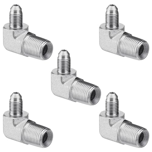 Image of 5 Pack 90 Degree Elbow Hydraulic Adapter Fittings: 1 /4 inch JIC Male x 3 /8 inch NPT Male, with Protection Cover Hydraulic Hose Crimp Connectors