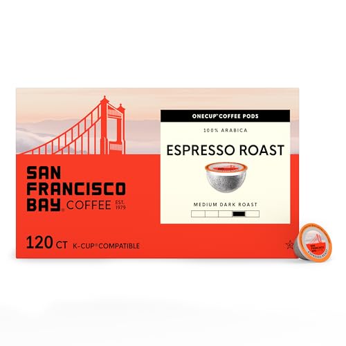 San Francisco Bay K-Cup Coffee Pods, Espresso Roast (120 ct), Medium-Dark Roast, Commercially Compostable Single-Serve Coffee Pods