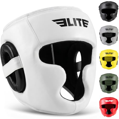 Elite Sports Boxing Headgear Men, Boxing Head Guard Sparring Gear, MMA Headgear Kickboxing Muay Thai Training Helmet, Protective Fighting Gear, Adjustable Face Protection (White)