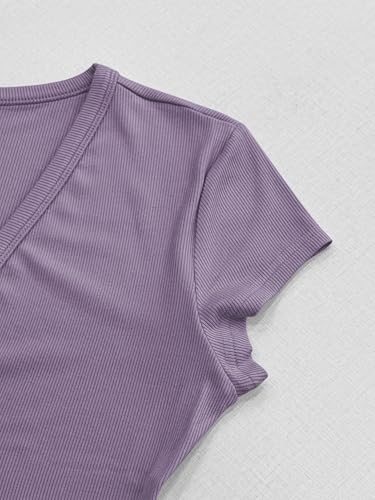 Image of Albe Rita Women Short Sleeve T-Shirt Cap V Neck Shirts for Women Ribbed Casual Top Knit Slim Fit for Summer