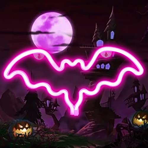 Image of LED Neon Bat Lights, Bat Shape Neon Signs Night Lights Battery Operated Desk Table Lamp for Bedroom, Bar, Wall, Halloween Decor-Bat with Holder Base(Pink)