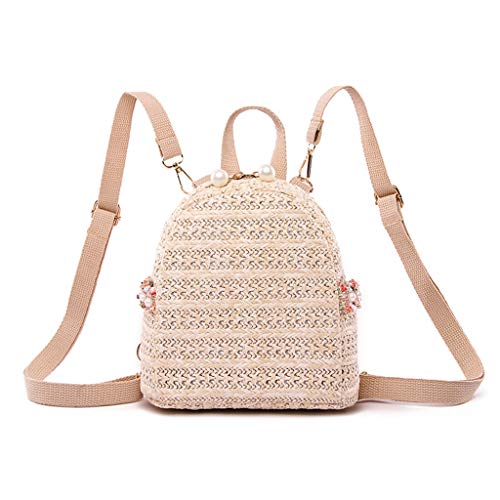 JAGETRADE Damen Stroh-Rucksack, lässig, Reisen, Tagesrucksack, Schulranzen, Sommer, Strand, Handtasche, Stroh, Hellkhaki, See The Size Chart for Details.