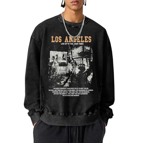 Mens Oversized Crewneck Sweatshirt Vintage Los Angeles Graphic Washed Sweatshirts with Pockets Streetwear Pullover