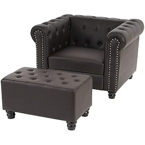Mendler Luxus Sessel Loungesessel Relaxsessel Chesterfield Kunstleder - runde Füße, braun mit Ottomane Cover